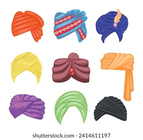 Traditional Indian and Arabic turban set, Indian traditional hats, india culture clothing, sikh headgear fires, oriental cultures headdress, Head covering worn by Muslims, vector illustration