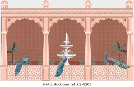 Traditional Indian arch garden with peacock. Chinoiseries peacock, Birds royal Palace garden Wallpaper with fountain and birds.