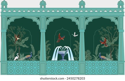 Traditional Indian arch garden with peacock. Chinoiseries peacock, Birds royal Palace garden Wallpaper with fountain and birds.