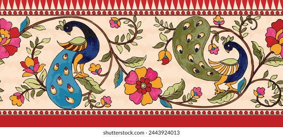 traditional Indian art border design with peacock, kalamkari border.