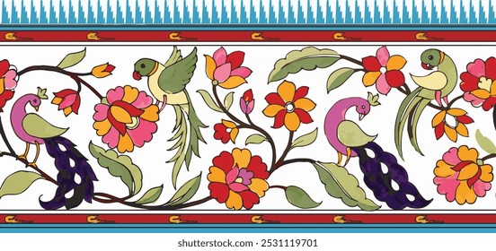 tradicional indiano arte fronteira design com pavão e papagaio.mão mão sem costura pintado aquarela flor borda. digital impressão design, impressão têxtil, horizontal floral borda design.aves borda impressa.