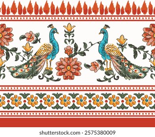 traditional Indian art border design with peacock.seamless hand painted watercolor flower border. digital print design, textile print design, horizontal floral border design.mughal border art.
