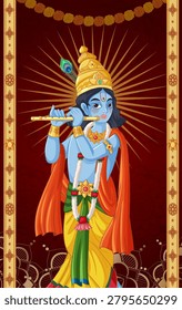 Traditional Indian art style vector of blue deity playing flute against a radiant background.