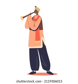 Traditional indian artist musician man in national clothes playing on shehnai flute. India tradition, art, culture and music concept. Cartoon flat vector illustration svg