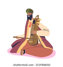 Traditional indian artist wedding musician man in national clothes playing on sarangi. India tradition, art, culture and music concept. Cartoon flat vector illustration