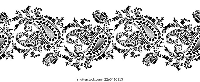 Traditional Indian black and white Paisley Seamless Border 