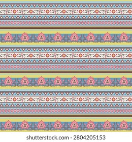 Traditional Indian block style featuring colorful botanical lines perfect for lively bedding, upholstery, wrapping paper, and wallcoverings.