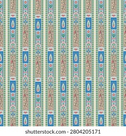 Traditional Indian block style featuring vertical geometric and botanical lines in blue and green for bedding, upholstery, and wallcoverings.