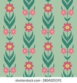 Traditional Indian block style featuring elegant floral stripes on green background ideal for bedding, upholstery, and retro wallcoverings.