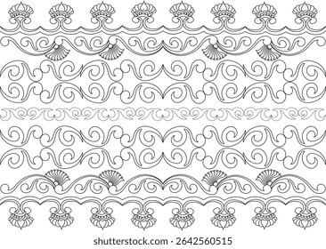 Traditional Indian Border Pattern Elements, A set of horizontal border patterns inspired by traditional Indian decorative motifs. Features various stylized floral, paisley, and wave designs in black