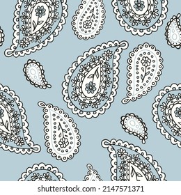 Traditional Indian boteh ornamental textile design. Colorful paisley print. Abstract psychedelic Buta seamless pattern . Hand drawn vector background.