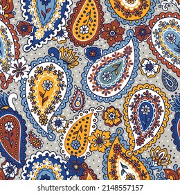 Traditional Indian boteh ornamental textile design. Colorful paisley print. Abstract psychedelic Buta seamless pattern . Hand drawn vector background.