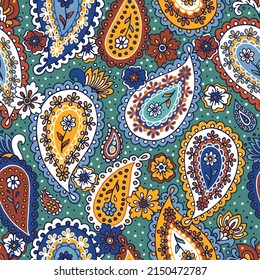 Traditional Indian boteh ornamental textile design. Colorful paisley print. Abstract psychedelic Buta seamless pattern . Hand drawn vector background.