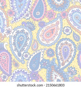 Traditional Indian boteh ornamental textile design. Colorful paisley print. Abstract psychedelic Buta seamless pattern . Hand drawn vector background.