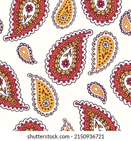 Traditional Indian boteh ornamental textile design. Colorful paisley print. Abstract psychedelic Buta seamless pattern . Hand drawn vector background.