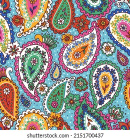 Diseño textil ornamental tradicional indio boteh. Colorida huella paisley. Resumen del patrón psicodélico de Buta sin fisuras. Fondo vector dibujado a mano.