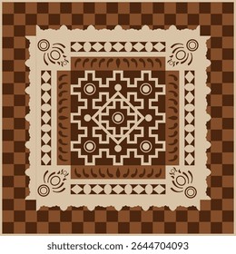 Traditional Indian Brown Rangoli Inspired Geometric Folk Art Pattern