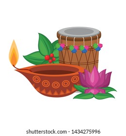 traditional indian culture elements with drum, lamp and lotus flower icon cartoon vector illustration graphic design