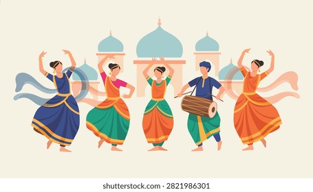 Traditional Indian dancers perform classical dance moves with a male musician playing a dholak drum in front of an elegant palace.