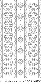 Traditional Indian Decorative Line Art Patterns, A collection of hand-drawn traditional Indian-inspired decorative patterns in black and white line art style. Features intricate floral motifs,