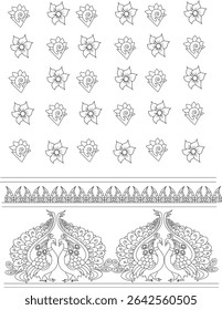 Traditional Indian Decorative Patterns Line Art, Set of traditional Indian decorative elements featuring detailed line art. Includes repeating stylized floral motifs, an intricate horizontal border