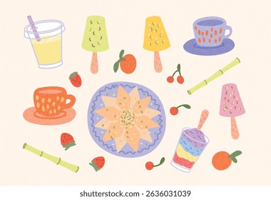 Traditional Indian Desserts and Drinks. Kaju Katli in center, colorful Kulfi, Ice Gola in cup, Sugarcane Juice in glass. Surrounded by fruits and sticks. Vector illustration on light background