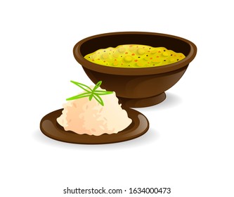 Traditional indian dish dal with rice, spicy soup. India dishes menu restaurant breakfast and dinner cartoon vector illustration