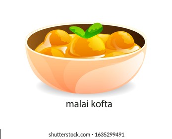 Traditional indian dish malai kofta indian paneer meatballs. India dishes menu restaurant breakfast and dinner cartoon vector illustration