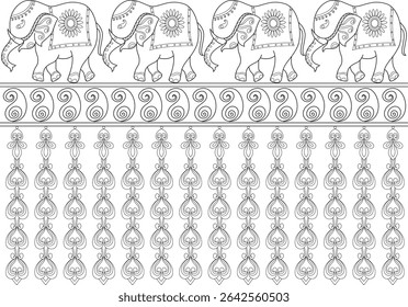 Tradicional elefante indiano e Border Line Art, desenho de linha preta e branca com uma borda de elefantes decorados, seguido por dois padrões ornamentais tradicionais de estilo indiano com redemoinhos e