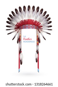 Traditional indian embroidered headdress of native american made with feathers isolated on white background realistic vector illustration