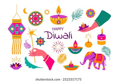 Traditional Indian festival of Diwali lights. Set of attributes for  holiday decor .Vector illustration Iin flat style on a white background