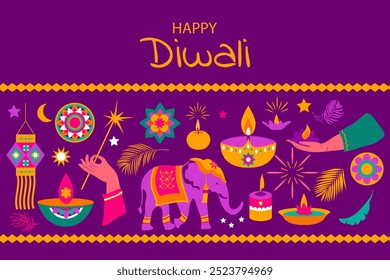 Festival tradicional indio de luces Diwali. Conjunto de atributos para la decoración de vacaciones. Ilustración vectorial Iin estilo plano