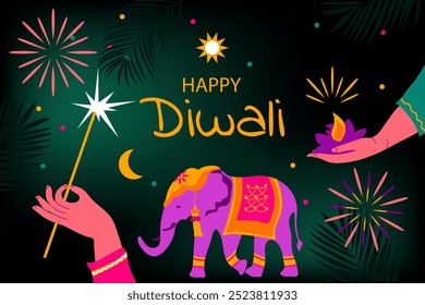 "Traditional Indian festival of Diwali lights" (Festival tradicional indiano de luzes de Diwali). Fundo do festival Diwali, cartão de saudação, cartaz, web com luzes, pavão, lanternas, velas e atributos.  Ilustração vetorial