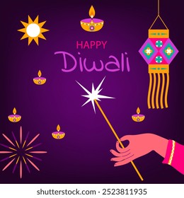 "Traditional Indian festival of Diwali lights" (Festival tradicional indiano de luzes de Diwali). Fundo do festival Diwali, cartão de saudação, cartaz, web com luzes, pavão, lanternas, velas e atributos.  Ilustração vetorial