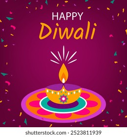 "Traditional Indian festival of Diwali lights" (Festival tradicional indiano de luzes de Diwali). Fundo do festival Diwali, cartão de saudação, cartaz, web com luzes, pavão, lanternas, velas e atributos.  Ilustração vetorial