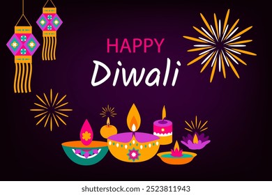 "Traditional Indian festival of Diwali lights" (Festival tradicional indiano de luzes de Diwali). Fundo do festival Diwali, cartão de saudação, cartaz, web com luzes, pavão, lanternas, velas e atributos.  Ilustração vetorial