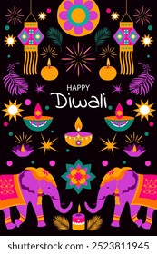 "Traditional Indian festival of Diwali lights" (Festival tradicional indiano de luzes de Diwali). Fundo do festival Diwali, cartão de saudação, cartaz, web com luzes, pavão, lanternas, velas e atributos.  Ilustração vetorial