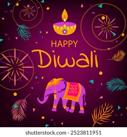 "Traditional Indian festival of Diwali lights" (Festival tradicional indiano de luzes de Diwali). Fundo do festival Diwali, cartão de saudação, cartaz, web com luzes, pavão, lanternas, velas e atributos.  Ilustração vetorial