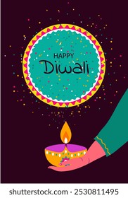 "Traditional Indian festival of Diwali lights" (Festival tradicional indiano de luzes de Diwali). Fundo, cartaz, cartão de saudação, mídias sociais. Ilustração vetorial em estilo plano 