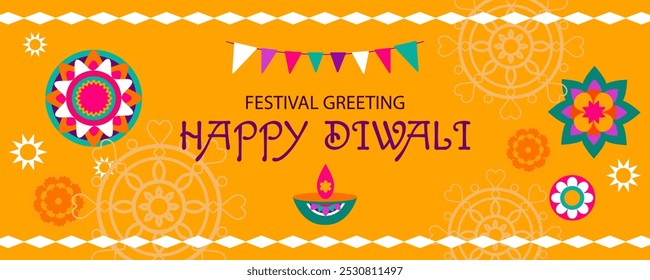 "Traditional Indian festival of Diwali lights" (Festival tradicional indiano de luzes de Diwali). Fundo, cartaz, cartão de saudação, mídias sociais. Ilustração vetorial em estilo plano 