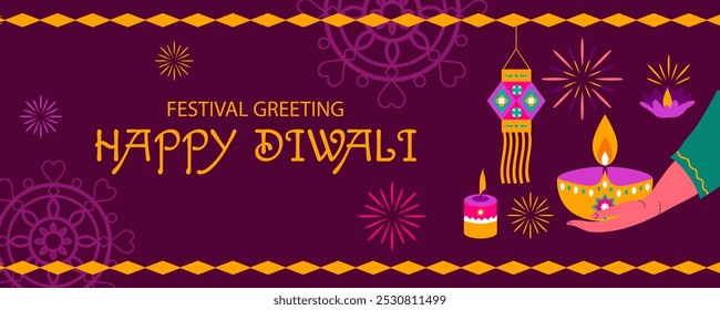 "Traditional Indian festival of Diwali lights" (Festival tradicional indiano de luzes de Diwali). Fundo, cartaz, cartão de saudação, mídias sociais. Ilustração vetorial em estilo plano 