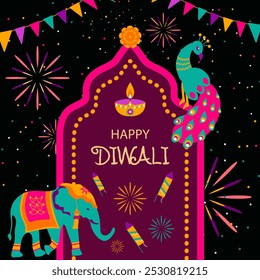 "Traditional Indian festival of Diwali lights" (Festival tradicional indiano de luzes de Diwali). Fundo, cartaz, cartão de saudação, mídias sociais. Ilustração vetorial em estilo plano 