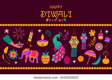 "Traditional Indian festival of Diwali lights" (Festival tradicional indiano de luzes de Diwali). Conjunto de atributos para decoração de feriado. Ilustração vetorial em estilo plano