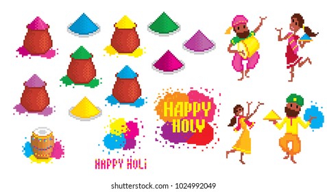 Traditional Indian festival Holi. Bengali New Year. Holiday of spring. Dancing people. Pixel art. Old school computer graphic style. 8 bit video game. game element.