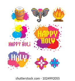 Traditional Indian festival Holi. Bengali New Year. Holiday of spring. Dancing people. Pixel art. Old school computer graphic style. 8 bit video game. game element.