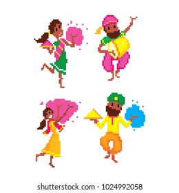 Traditional Indian festival Holi. Bengali New Year. Holiday of spring. Dancing people. Pixel art. Old school computer graphic style. 8 bit video game. game element.