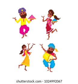 Traditional Indian festival Holi. Bengali New Year. Holiday of spring. Dancing people. Pixel art. Old school computer graphic style. 8 bit video game. game element.