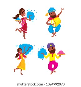 Traditional Indian festival Holi. Bengali New Year. Holiday of spring. Dancing people. Pixel art. Old school computer graphic style. 8 bit video game. game element.