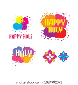 Traditional Indian festival Holi. Bengali New Year. Holiday of spring. Dancing people. Pixel art. Old school computer graphic style. 8 bit video game. game element.