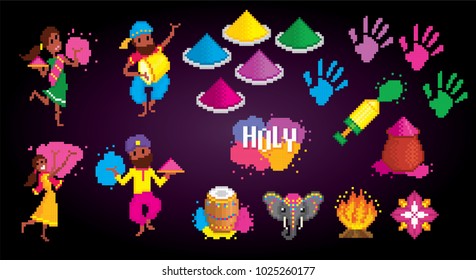 Traditional Indian festival Holi. Bengali New Year. Holiday of spring. Dancing people. Pixel art. Old school computer graphic style. 8 bit video game. game element.